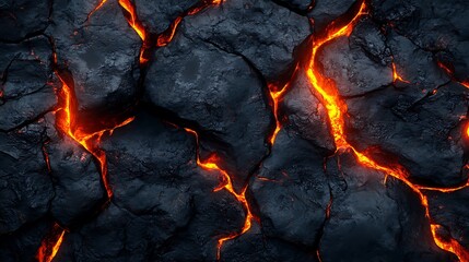 Close up of cracked black rock with bright orange light emanating from the fissures and crevices