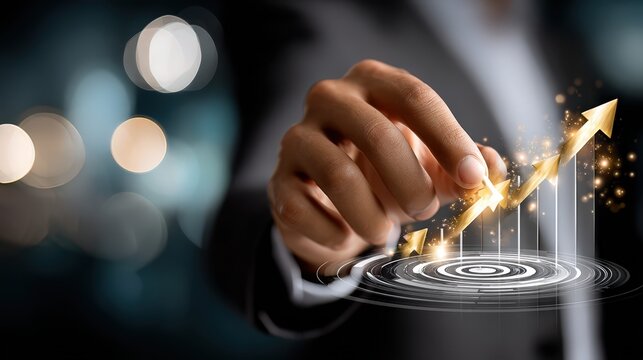 Businessman hand touching rising holographic business graph - Powered by Adobe