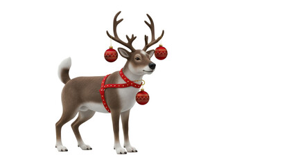 Festive cartoon reindeer with holiday ornaments and red harness isolated on transparent background