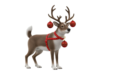 Festive cartoon reindeer with holiday ornaments and red harness isolated on transparent background