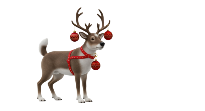 Festive cartoon reindeer with holiday ornaments and red harness isolated on transparent background