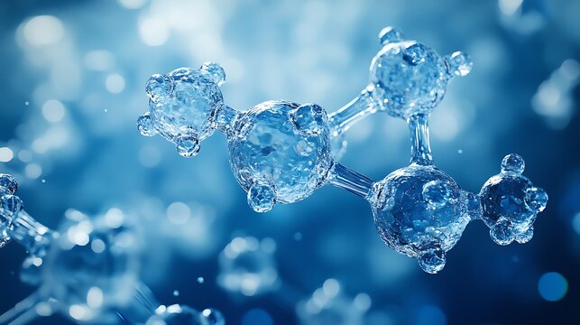 A detailed close up of a molecule structure with a blue background and some bokeh effect lights
