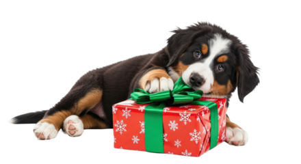 Bernese mountain dog puppy holding a festive red christmas gift isolated on transparent background