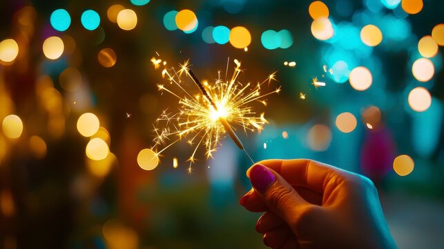Sparkler in Hand with Bokeh Lights Creating Festive Glow - Powered by Adobe