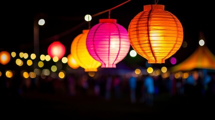 Colorful Hanging Paper Lanterns Illuminated at Night Festival