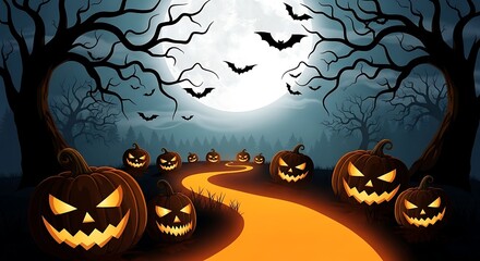 Spooky Halloween Night Scene with Pumpkins Bats and Full Moon