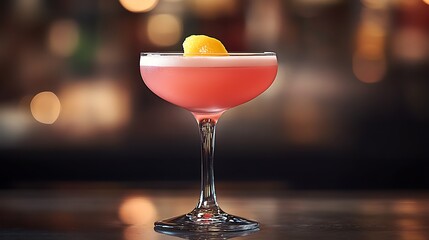 Close up of a pink cocktail in a stemmed glass with a lemon garnish on a blurred background scene