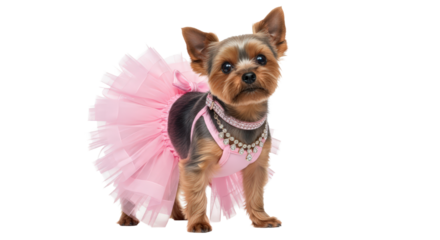 Glamorous yorkshire terrier dog in pink tutu dress and jewels isolated on transparent background
