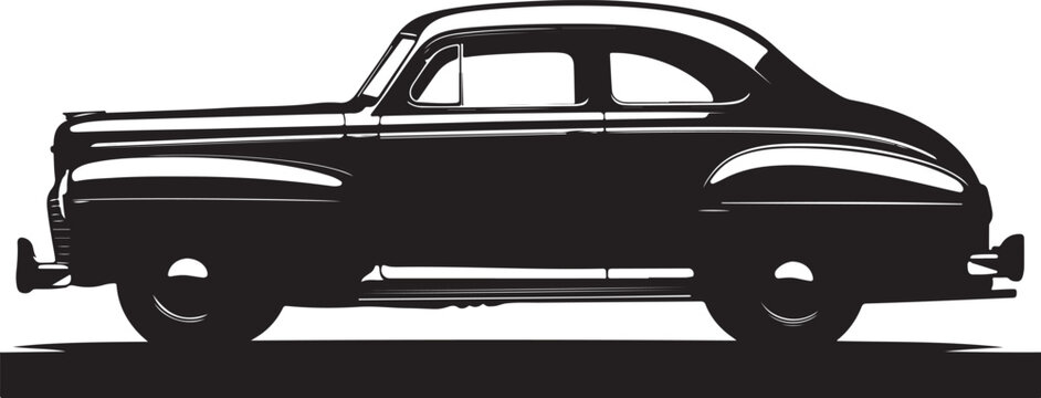 A stark black silhouette graphic depicting the side profile of a vintage American two-door coupe, likely from the 1940s, set against a bright white background for high contrast.
