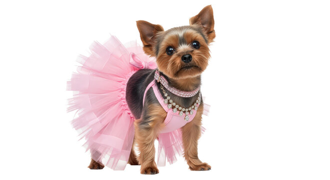 Glamorous yorkshire terrier dog in pink tutu dress and jewels isolated on transparent background