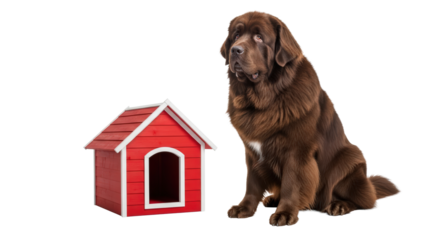 Brown newfoundland dog sitting beside a small red dog house isolated on transparent background