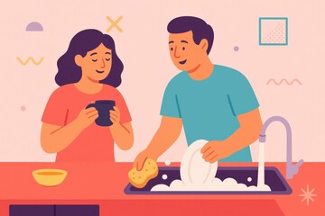 Fototapeta premium Engaging domestic moment between a man and woman as they navigate everyday tasks reflecting teamwork and shared responsibilities in a cozy kitchen environment