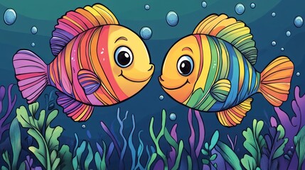 Naklejka premium Cartoon fish underwater scene, colorful, happy