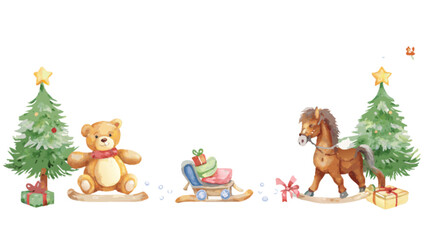 Naklejka premium Watercolor illustration of classic christmas toys including a teddy bear, a rocking horse, a sleigh full of gift, and two decorated pine tree, isolated on