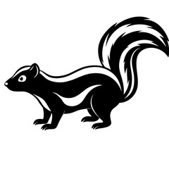 Stylized white skunk silhouette with a bushy tail on a black background isolated on white background isolated on transparent background