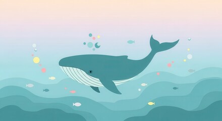 Obraz premium Large marine mammal swims gracefully through gentle ocean waves beneath a soft sky