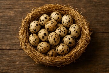 Obraz premium Quail Eggs in Nest on Rustic Wood. Themes of spring, Easter, new life, nature, organic food, and wholesome, fresh ingredients