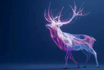 Holographic Deer with Glowing Neon Antlers on Dark Blue Background