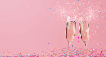 New Year Celebration with Champagne Glasses and Fireworks on Pink Background