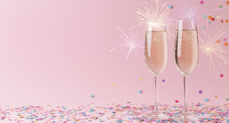 New Year Celebration with Champagne Glasses and Fireworks on Pink Background