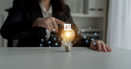 AI neural network and data processing system visualizing artificial intelligence with brain structure, chip, and connected data blocks for computation and learning Latch