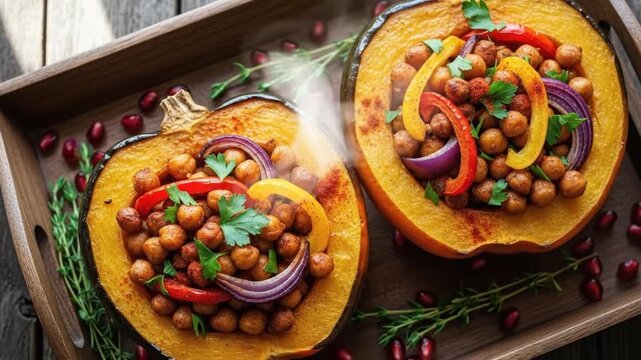 Roasted vegetable medley served in halved squash on a wooden tray