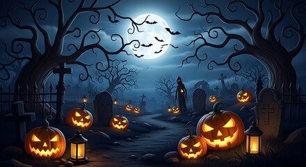 Spooky Halloween Night Cemetery Scene with Pumpkins Bats and Full Moon