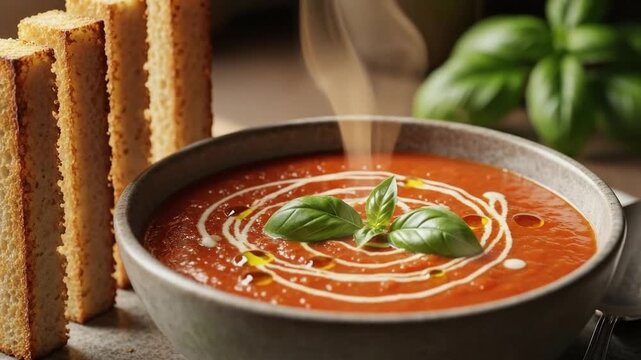 Tomato soup with breadsticks and basil in a ceramic bowl
