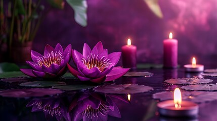 Two purple lotus flowers with candles and lily pads floating on water in a dark purple background