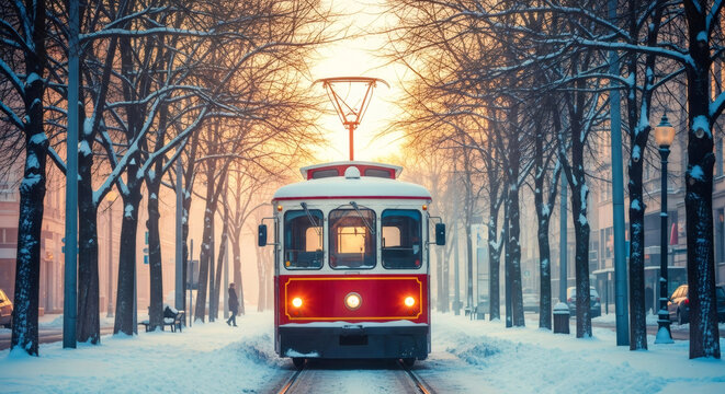 Red tram on snowy tracks in a winter city park with trees. Public transportation and urban landscape during frosty weather for seasonal travel. - Powered by Adobe