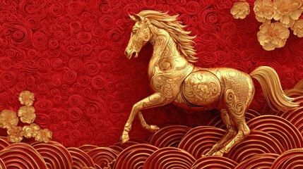 golden ornamental horse on red background with happy new year 2026 text chinese zodiac animal for lunar new year oriental celebration