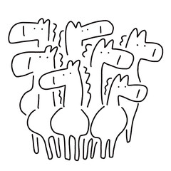 ゆるくてかわいい馬の群れのラインアート　手描き　モノクロ