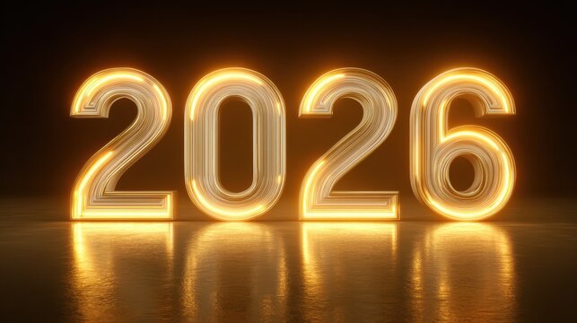 white 3d numbers spelling out the year 2026 illuminated by a bright golden light creating a warm and optimistic glow on a reflective surface symbolizing future and new beginnings