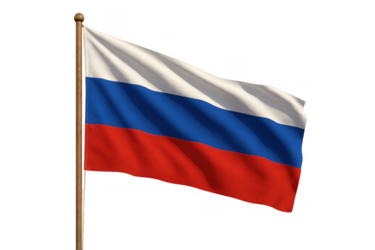 Russian national flag fluttering on a flagpole, representing a country, nation, patriotism, and international relations on transparent background