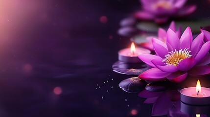 A serene scene of lotus flowers and candles floating on water with a dark purple background glow effect