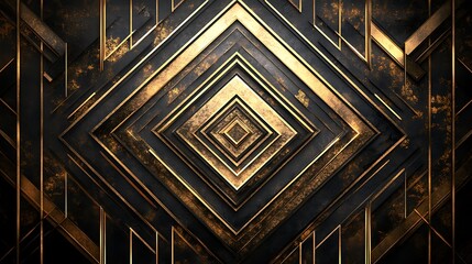 Abstract geometric pattern with layered squares in gold and black creating a tunnel effect