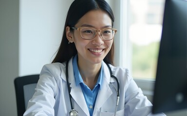 An Asian female doctor sits at her desk, conducting an online consultation. This faster, cheaper, and more convenient method helps prevent disease spread and offers easier access to healthcare.