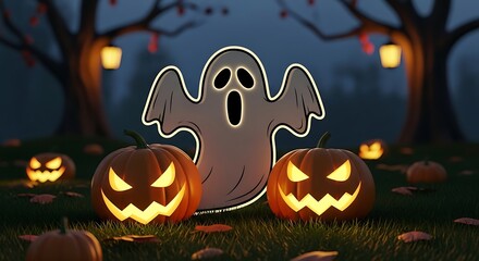 Spooky Halloween Night Scene with Pumpkins and Ghost Decoration Festive Mood