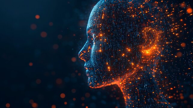 Digital human head profile view with glowing particles and circuit board like texture in dark background