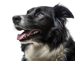 Fototapeta premium Close-up profile of a black and white border collie looking up isolated on transparent background