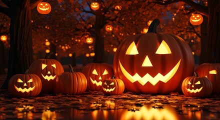 Glowing Halloween Pumpkins in Forest Displaying Festive Autumn Season