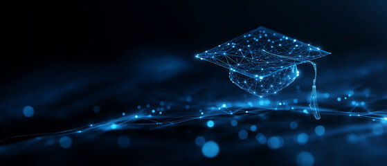 Digital Graduation Cap with Glowing Data Points on Dark Blue Background