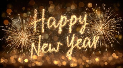 golden happy new year text surrounded by sparkling fireworks and bokeh lights isolated on transparent background