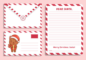Christmas envelope with stamps and letter for Santa Claus, colorful vector set with cute cat in kawaii style