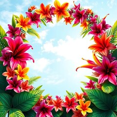 Obraz premium Exotic floral border in vibrant hues creates a tropical frame against a soft blue sky, foliage, vibrant