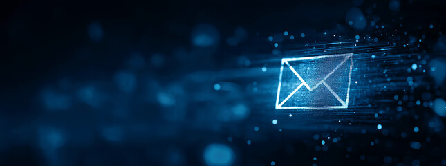 Digital Blue Envelope Icon with Data Points on Dark Background