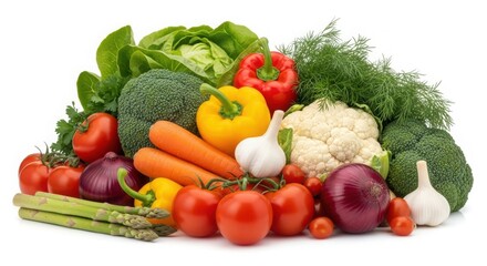 Assortment of fresh raw vegetables including broccoli, carrots, tomatoes, bell pepper, onion, garlic, cauliflower, and asparagus isolated on white background