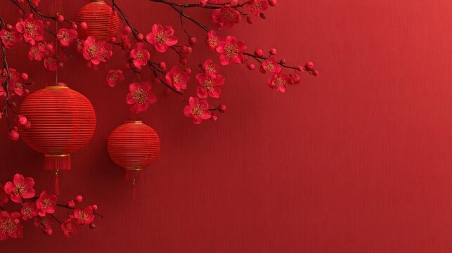 chinese new year banner copy space top view background with red asian lanterns and cherry blossoms or sakura as photo frame on red background festive greeting celebrating season concepts