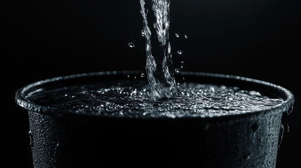 Water Pouring from Black Bucket with Cinematic Lighting