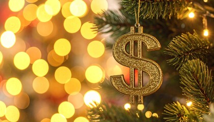Christmas tree with gold dollar ornament and glowing bokeh lights